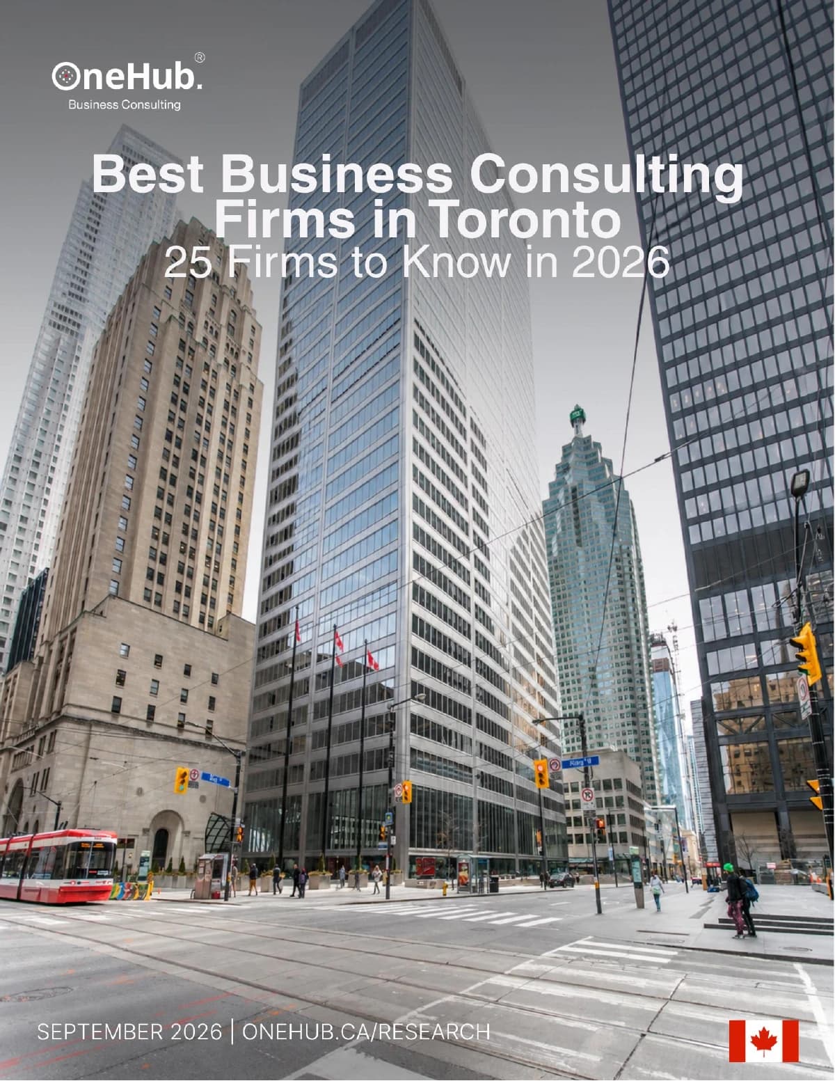 September 2026 OneHub Research guide cover, Best Business Consulting Firms in Toronto: 25 Firms to Know in 2026, showing downtown office towers