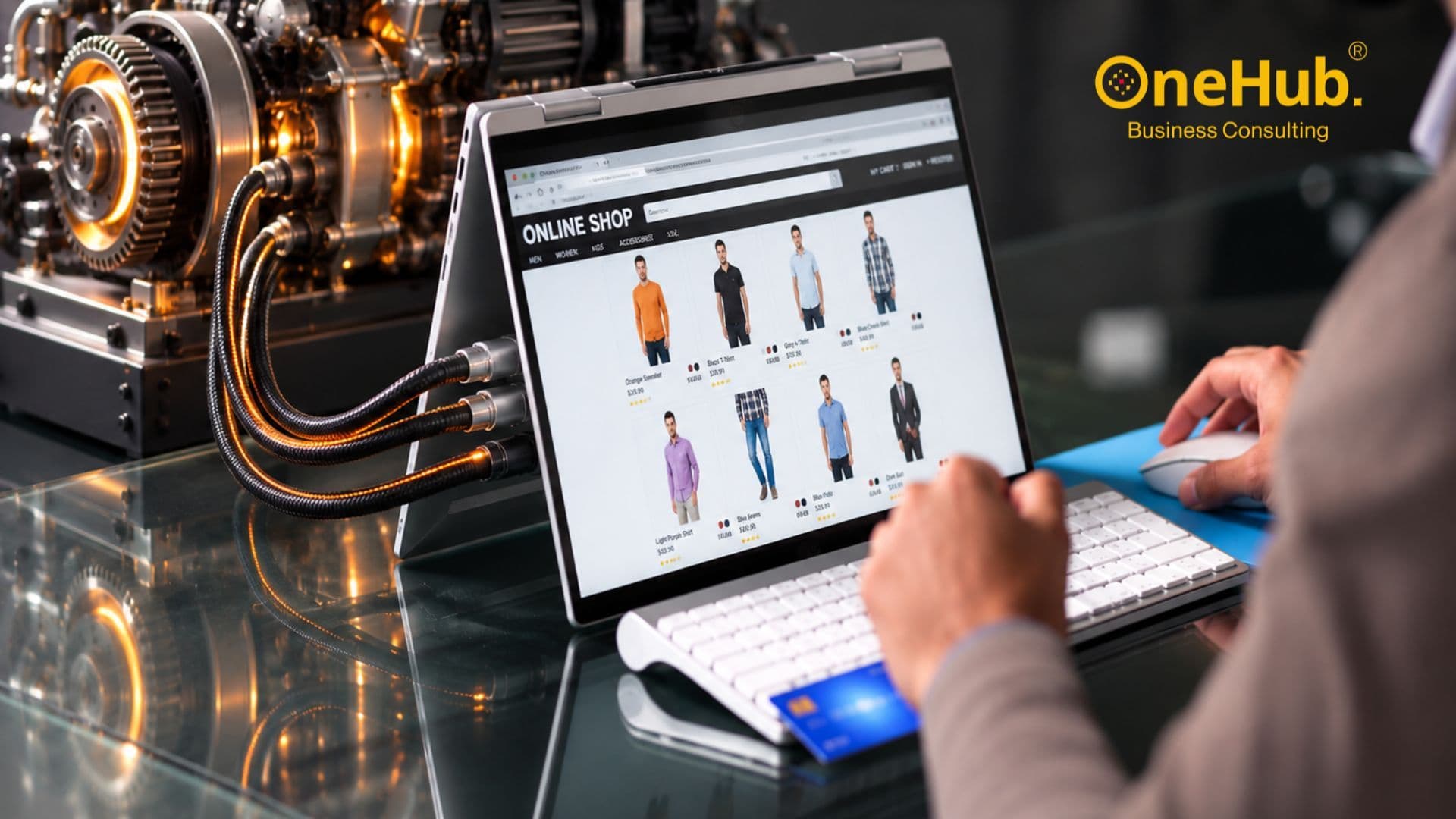 A person working on a website on a laptop beside a business engine illustration, from the OneHub Business Series article